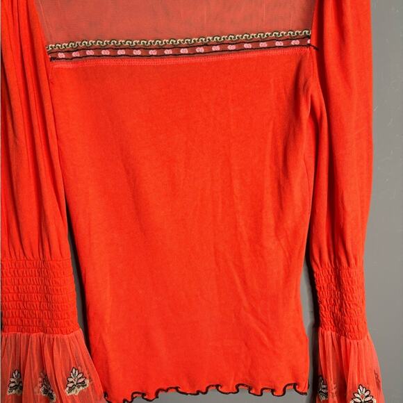 Free People Orange Top Mesh and Embroidered Detail & Bell Sleeves Size Small - Picture 3 of 6